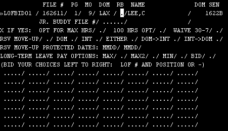Example of a LOFBID screen