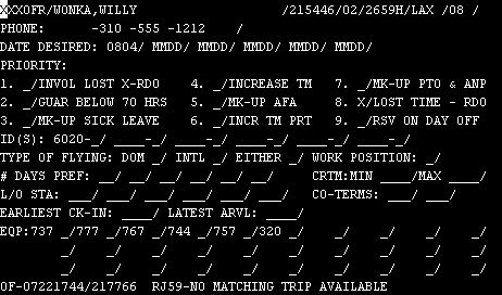 Example of a flight attendant's specific trip request in oflist